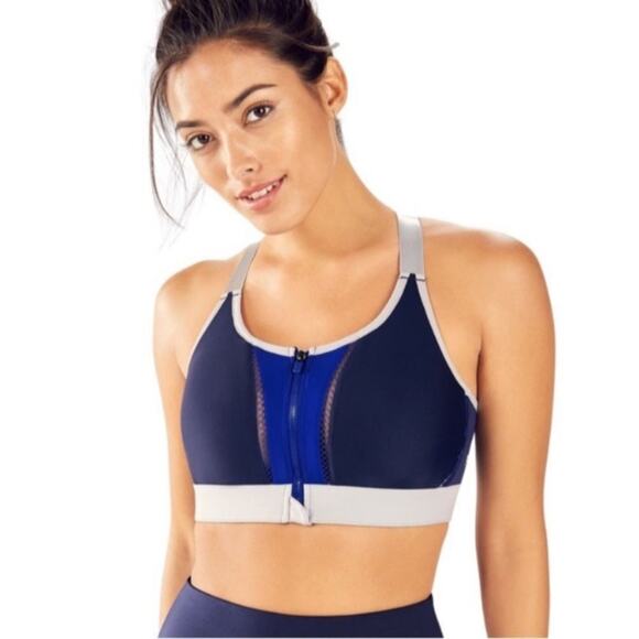 Fabletics Zoe High Impact Zip Front Cross Back Strap Sports Bra Blue/Grey - Picture 2 of 12